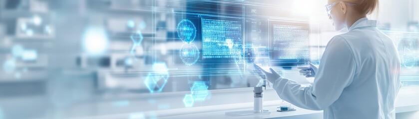 A scientist analyzing data on a digital interface in a modern lab, showcasing innovation and technology in research.