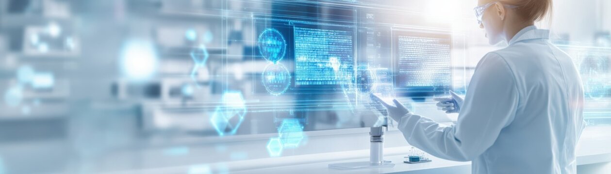 A scientist analyzing data on a digital interface in a modern lab, showcasing innovation and technology in research.