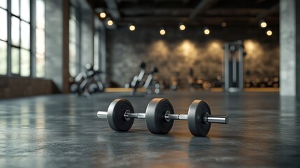 Dumbbells on the floor in a fitness room with exercise equipment behind