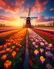Sunset Over Colorful Tulip Field with Dutch Windmill