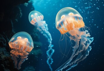 Naklejka premium glowing jellyfish floating serenely in the ocean depths