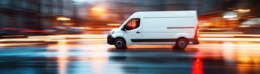 Fototapeta premium A dynamic shot of a white delivery van speeding through a city at night, showcasing motion and energy in urban transport.