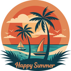 Tropical Island Sunset with Palm Trees, Sailboat, and 'Happy Summer' Text