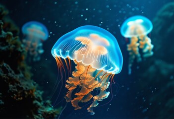 Fototapeta premium glowing jellyfish floating serenely in the ocean depths
