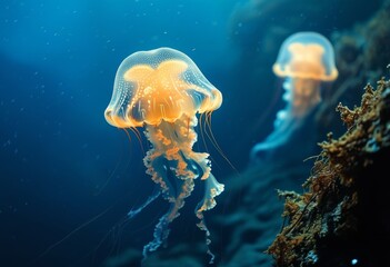Fototapeta premium glowing jellyfish floating serenely in the ocean depths