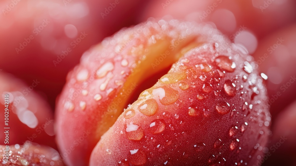 Sticker A close-up of a ripe peach covered in glistening water droplets, highlighting its freshness and vibrant pink hues, creating a sense of juicy deliciousness.