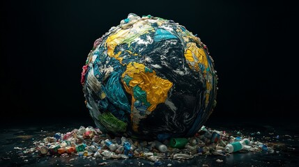 Globe Made of Plastic Waste and Garbage on black background