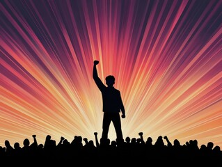 A powerful silhouette of a person raising a fist against a vibrant sunset, symbolizing strength and unity in a crowd.