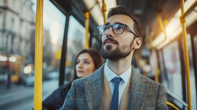 Thoughtful Man on Bus with Woman in Background