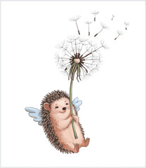 A delightful illustration of a hedgehog holding onto a dandelion. The dandelion's seeds are dispersing in the air, forming a delicate cloud. The hedgehog appears to be floating or flying, with its tin © Erkan