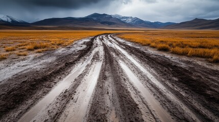 Fototapeta premium A muddy road curves through a barren, wild landscape with looming mountains and dark, stormy skies, highlighting the raw beauty and drama of nature's elements.