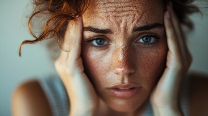 Fototapeta premium A woman with a distressed expression and hands on her head reveals a moment of anxiety and concern, showcasing raw emotion through her freckled features.