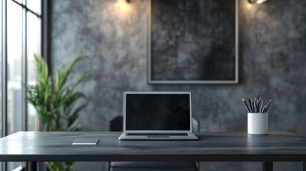 Sleek minimalist workspace with laptop and abstract art for modern Zoom meetings