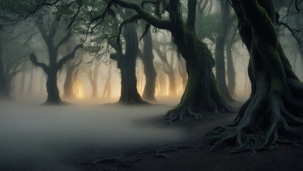 A serene and mystical atmosphere envelops a dense forest, shrouded in a thick, velvety fog that rises from the damp earth, misting the trees and casting an eerie gloom, with gnarled b