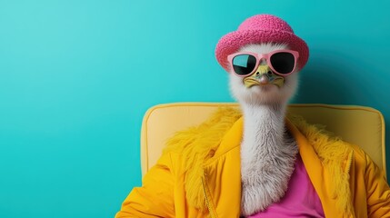 Fototapeta premium An elegantly dressed ostrich, adorned in colorful attire, including a hat and sunglasses, sits comfortably against a bright, lively backdrop, oozing spirited flair.