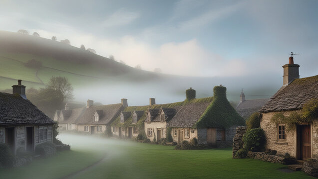 A serene, misty fog engulfs a quaint, ancient village, with rolling hills and lush greenery surrounding traditional,
