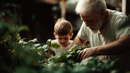 Fototapeta premium Elderly man with a beard helps young child in a garden, tending to plants together in a scene filled with learning, bonding, and nurturing.