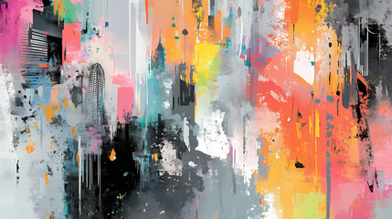 An abstract vertical city painting, with brush strokes of gray and white, highlighted by random splashes of vibrant colors. Abstract Expressionism. Illustration