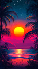 Fototapeta premium Vibrant, vintage-style sunset illustration featuring glowing sun setting over serene ocean. Summer vacation poster evokes sense of relaxation, beauty of the beach, timeless tropical evenings.