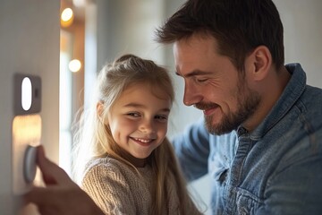 Girl helping father to adjust, lower heating temperature on thermostat. Concept of sustainable, efficient, smart technology in home heating and, Generative AI