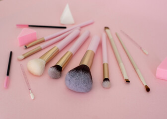 Flat lay composition with professional makeup brushes. Make-up artist kit