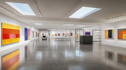 A vibrant artist's gallery with crisp white walls providing a backdrop for colorful modern artwork. Polished concrete floors reflect the natural light streaming through skylights