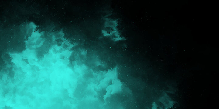 Abstract sea green watercolor hand painted art victor illustration. Dark green painted smoky textured teal color powder explosion. Steam explosion green smoke or fog isolated on black background.	
