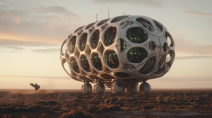 A futuristic, spherical mobile structure on wheels in a desert landscape with a hovercraft in motion