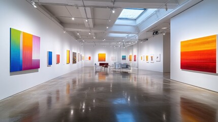 Fototapeta premium A vibrant artist's gallery with crisp white walls providing a backdrop for colorful modern artwork. Polished concrete floors reflect the natural light streaming through skylights