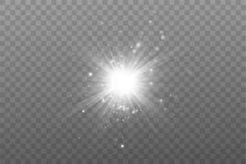 White glowing light explodes on a transparent background. with ray. Transparent shining sun, bright flash. Special lens flare light effect.	