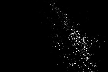 White gray blurred bokeh lights on black background. Glitter sparkle stars for celebrate. Overlay for your design