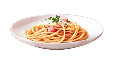 A delicate plate of pasta carbonara, with grated parmesan and parsley scattered on top