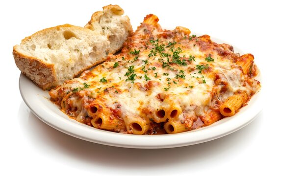 A comforting plate of baked ziti with melted cheese and a side of garlic bread
