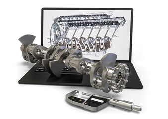 3D render image representing computer aided design with the help of software's. In the image you can find automotive parts on a laptop and a micrometer for measurements  