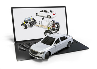 3D render image representing computer aided design of a car. In the image you can find a car with car parts on a laptop