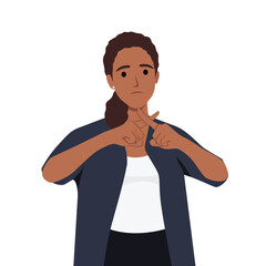 Woman with rejection expression crossing fingers doing negative sign. Flat vector illustration isolated on white background