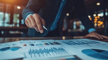 Fototapeta premium Businessman Analyzing Data on Papers with Charts
