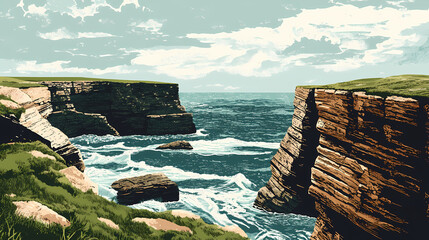 British isles coastline at skara brae, where ancient stone dwellings overlook the rugged coastline of orkney. Rugged Coastline. Illustration