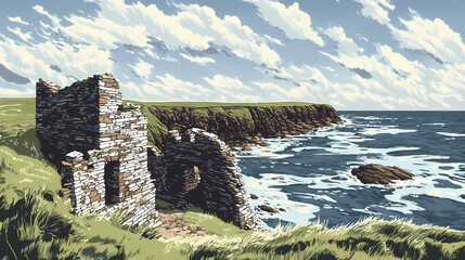 Naklejka premium British isles coastline at skara brae, where ancient stone dwellings overlook the rugged coastline of orkney. Rugged Coastline. Illustration