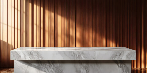 Elegant Gray Marble Kitchen Countertop Mockup for Product Presentation Against Brown Wall Panels with Wooden Slats – Ideal Clean Podium for Showcasing Luxury Barware or Beauty Advertisements