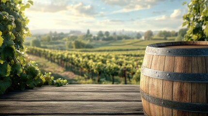 Naklejka premium An empty wooden wine barrel positioned in front of a serene vineyard landscape, the perfect backdrop for food and beverage