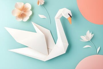 Fototapeta premium Graceful origami swan in an intricate pose, folded from pastel paper, with delicate swirls and origami flowers floating in the whimsical background
