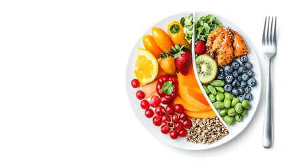 Healthy eating visual with a segmented plate, showcasing a variety of colorful food groups from fruits to proteins, clean, white background for nutrition concepts