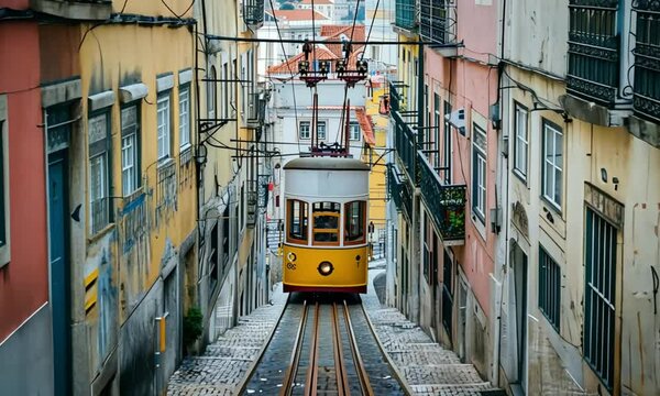 Yellow Tram Ascending a Steep Cobblestone Street in Lisbon