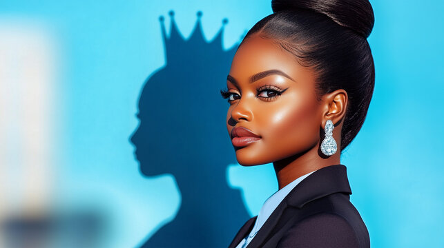 Confident Black, African American Businesswoman Casting Shadow of a Queen with Crown, Symbolizing Leadership and Business Self-Assurance, Feminine Power, Strong Female Figure.