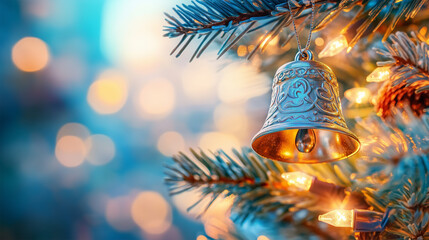 Shiny Silver Christmas Bell Ornament on Fir Branch with Bokeh Background and Copy Space.