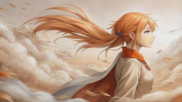 Anime girl with long orange hair and a cape, looking out at the clouds