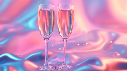 Two Glasses of Champagne on Luminous Pink Silk Background, Elegant and Chic Celebration Scene, Toast for New Year Eve, Anniversary, Wedding Celebration.