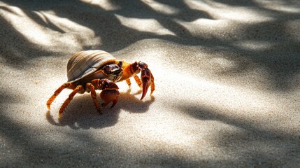 Colorful Hermit Crab on Sandy Beach at Sunset