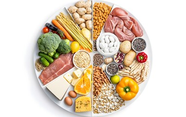 Top view of a segmented plate showcasing a balanced diet with fruits, vegetables, proteins, and grains, set against a white background, health and nutrition concept